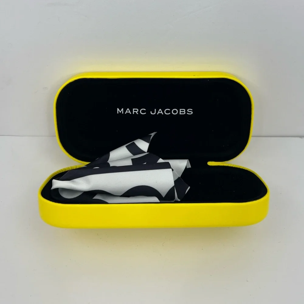 MARC JACOBS YELLOW GLASSES CASE, BLACK VELVET INTERIOR WITH BLACK & WHITE CLOTH